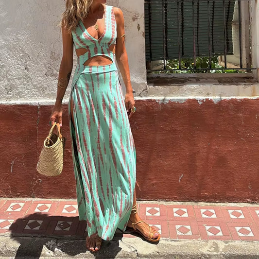 Women V Neck Cutout Side Slit Slim Fit Formal Midi Dress