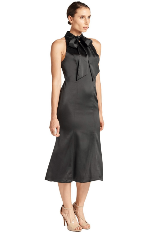 Stretch Satin Mermaid Midi Dress with Neck Tie Elegant