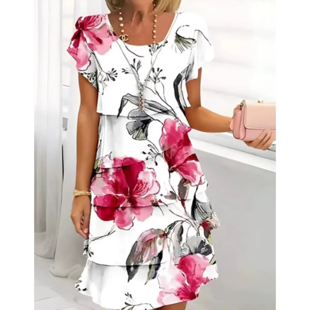Women Geometric Floral Summer Print Short Sleeve Midi Dress