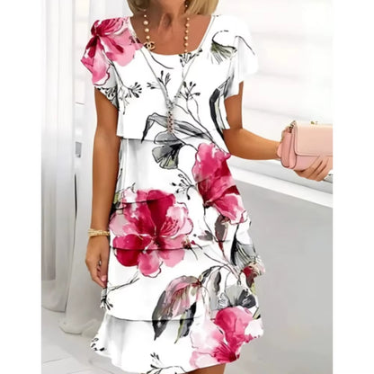 Women Geometric Floral Summer Print Short Sleeve Midi Dress