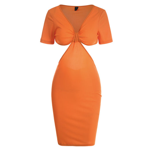Women's Solid Color Wrap Midi Dress Elegant Orange Chic