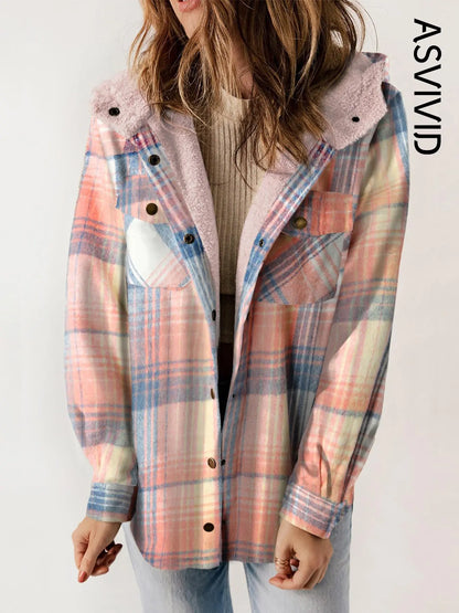Women Plaid Hooded Casual Outerwear Long Sleeve Jacket Coat
