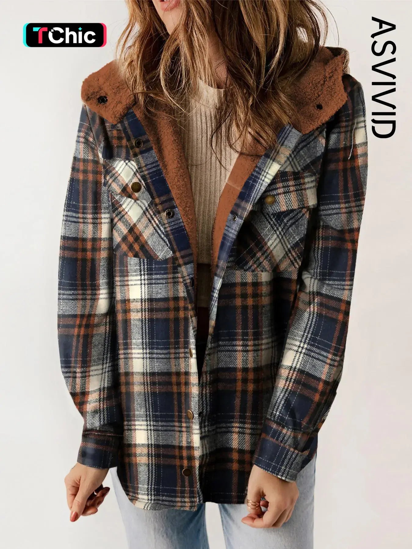 Women Plaid Hooded Casual Outerwear Long Sleeve Jacket Coat