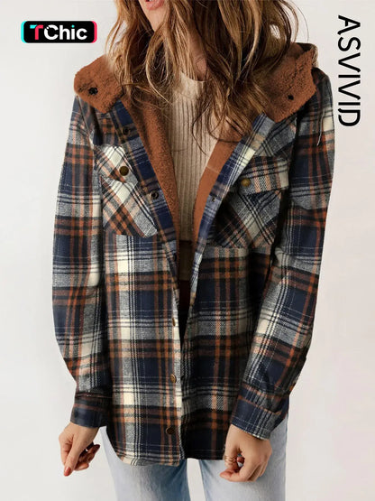 Women Plaid Hooded Casual Outerwear Long Sleeve Jacket Coat