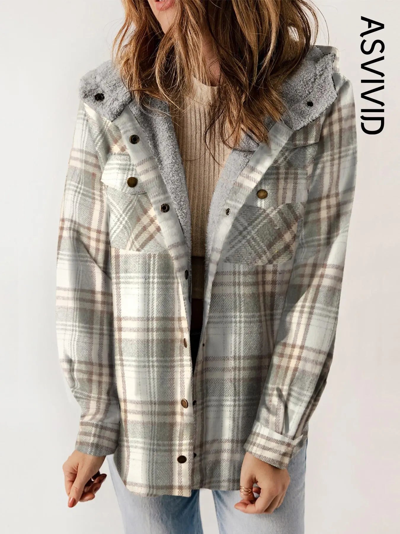 Plaid Hooded Casual OuterwearWomen Plaid Hooded Casual Outerwear Long Sleeve Jacket Coat