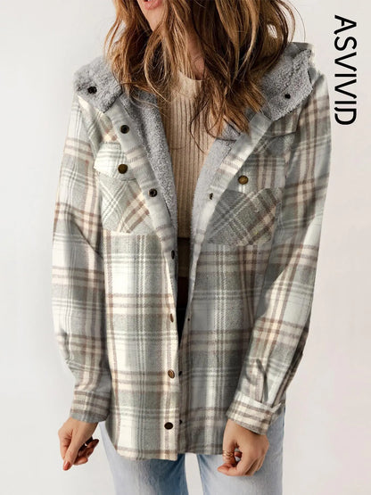 Plaid Hooded Casual OuterwearWomen Plaid Hooded Casual Outerwear Long Sleeve Jacket Coat