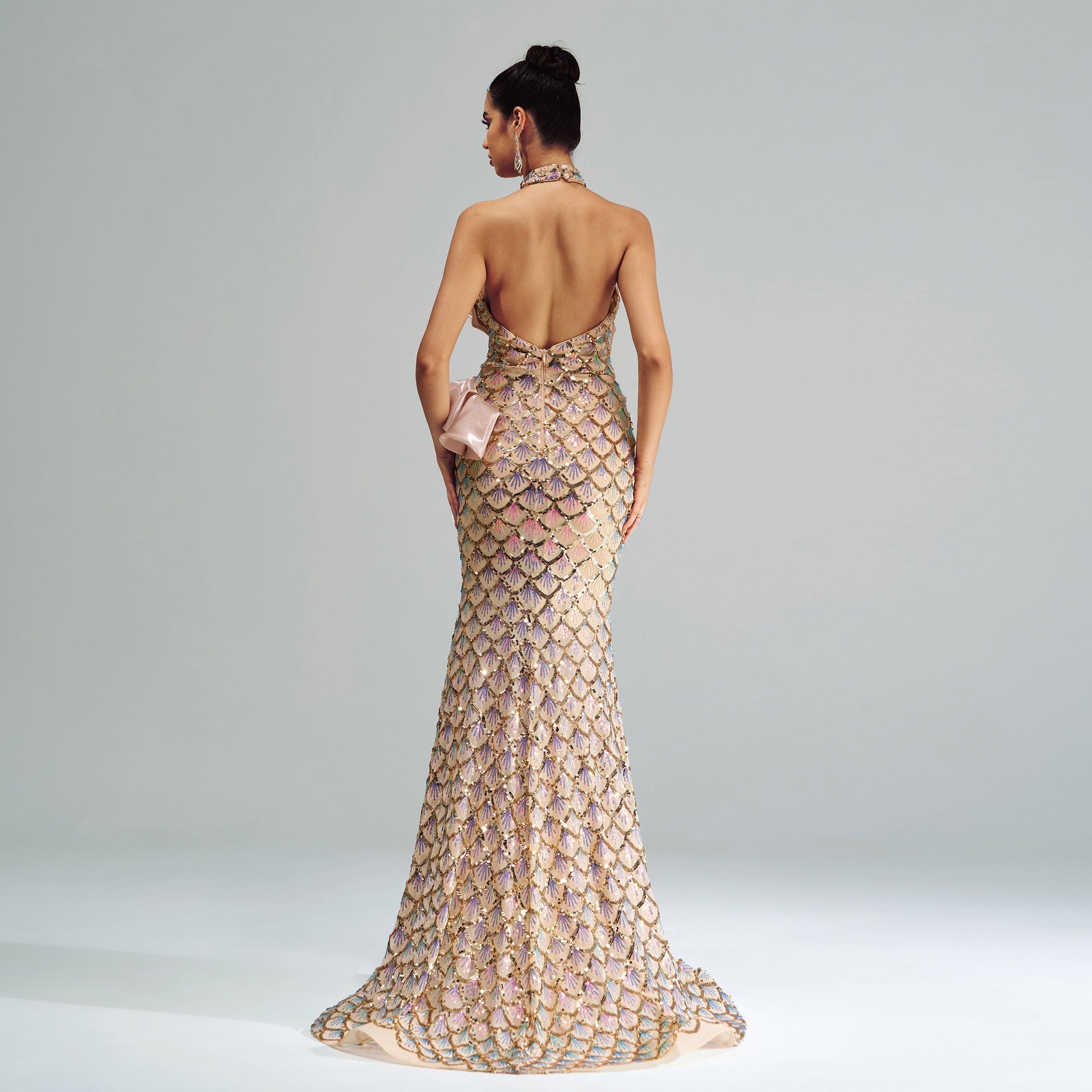 Champagne Halter Mermaid Sequin Evening Gown for Women