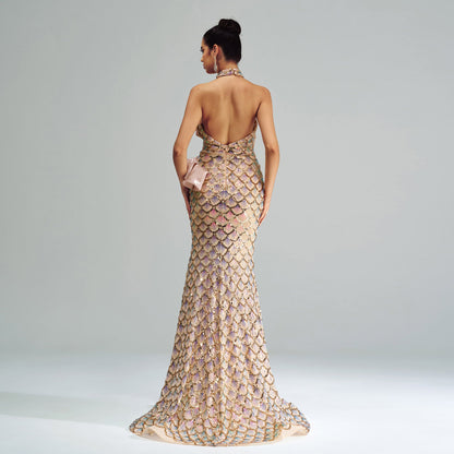 Champagne Halter Mermaid Sequin Evening Gown for Women