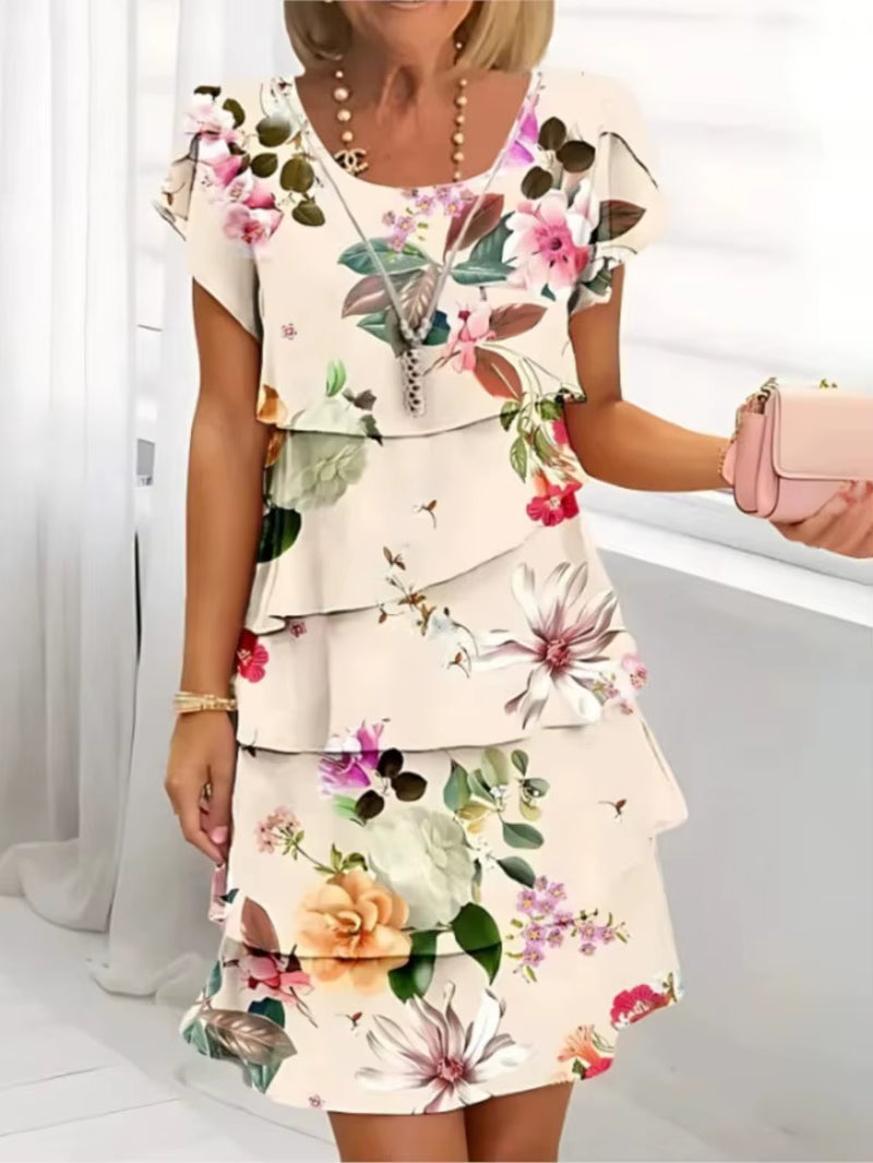 Women Geometric Floral Summer Print Short Sleeve Midi Dress