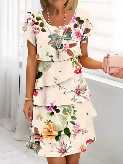 Women Geometric Floral Summer Print Short Sleeve Midi Dress