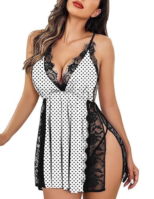 Black White Polka Dot Lace Maxi Sleepwear Nightgown Women