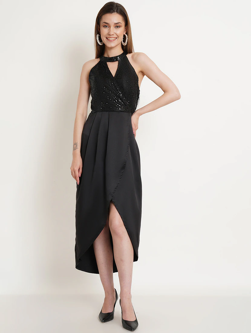 Black Fit Flare High Low Knee Dress Women Elegant Wear