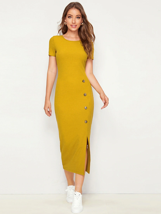 Women's Mustard Bodycon Midi Dress for Elegant Casual Wear