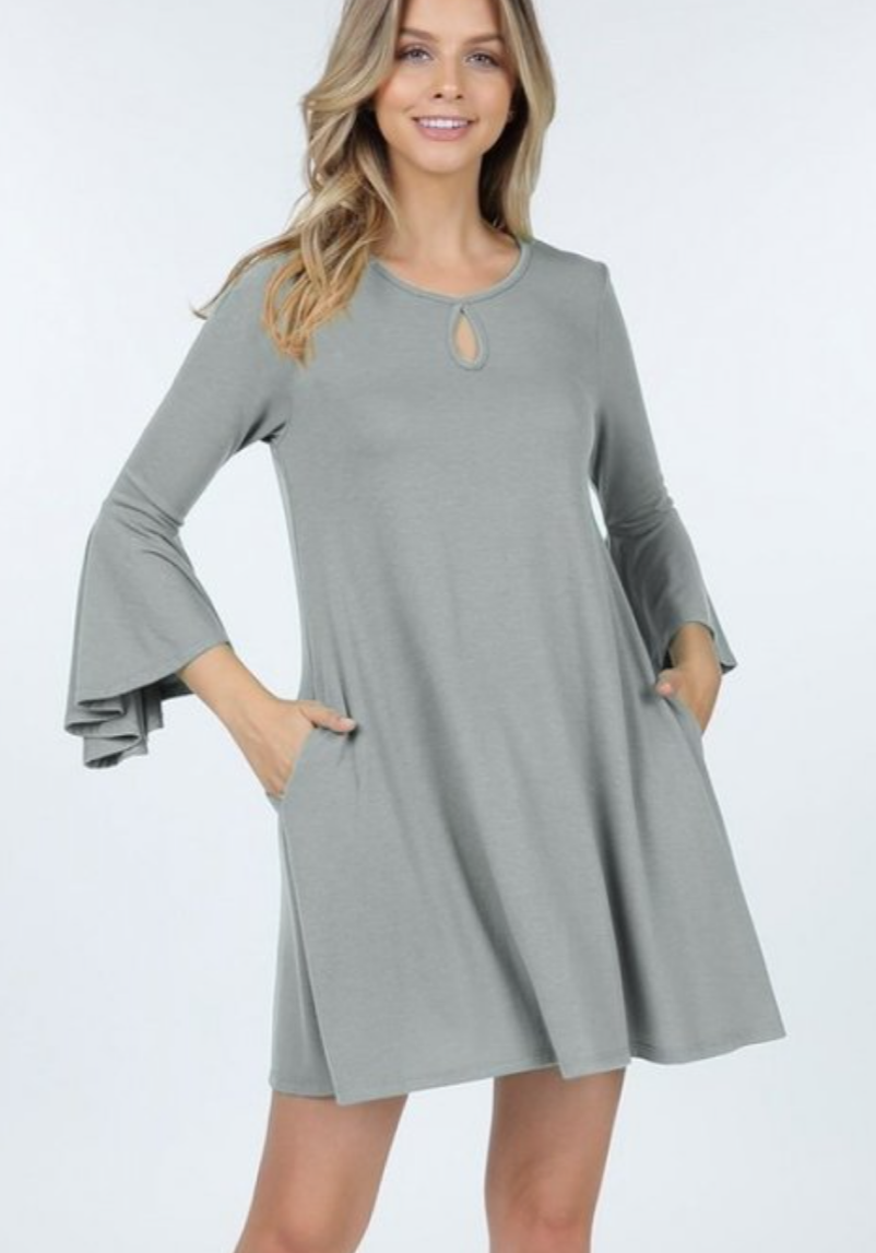 Light Gray Ruffle Sleeve Keyhole Pocket Knit Dress