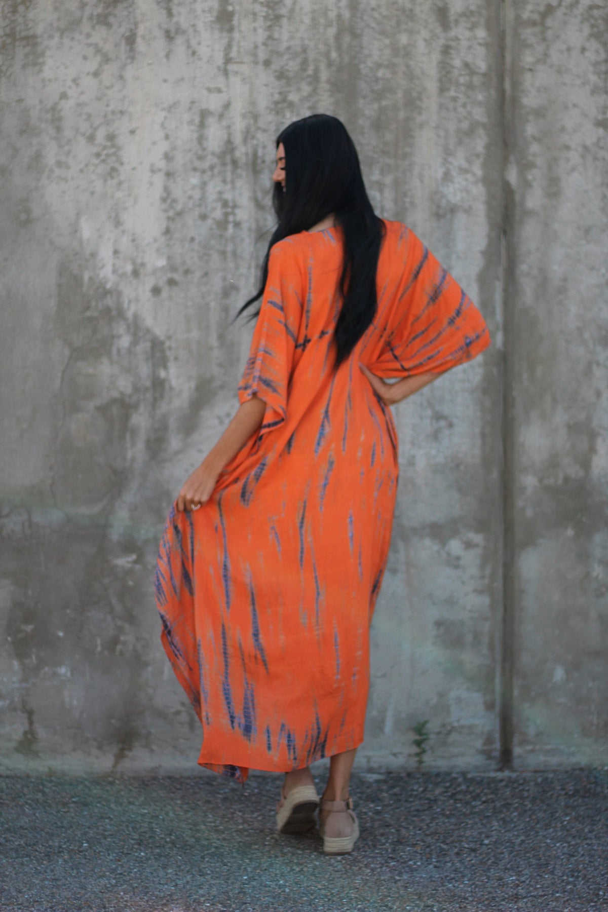 Hand Dyed Orange Tie Dye Maxi Kaftan Dress with Pockets