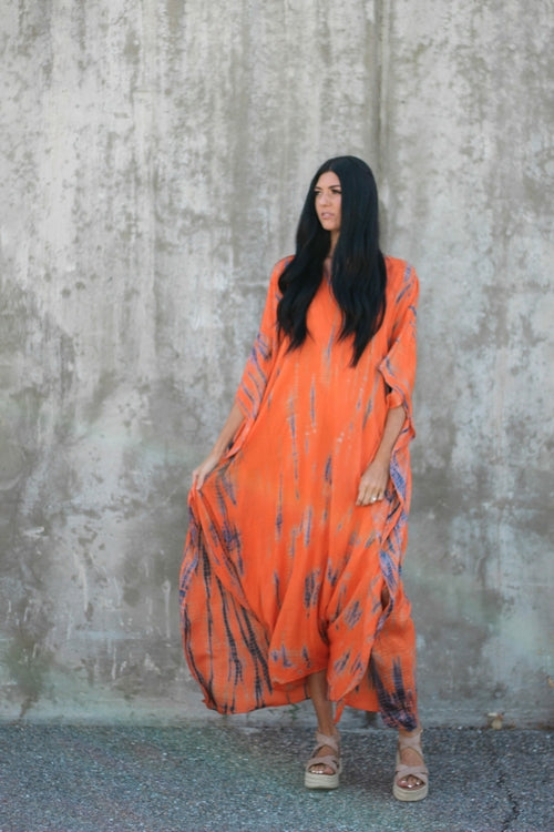Hand Dyed Orange Tie Dye Maxi Kaftan Dress with Pockets