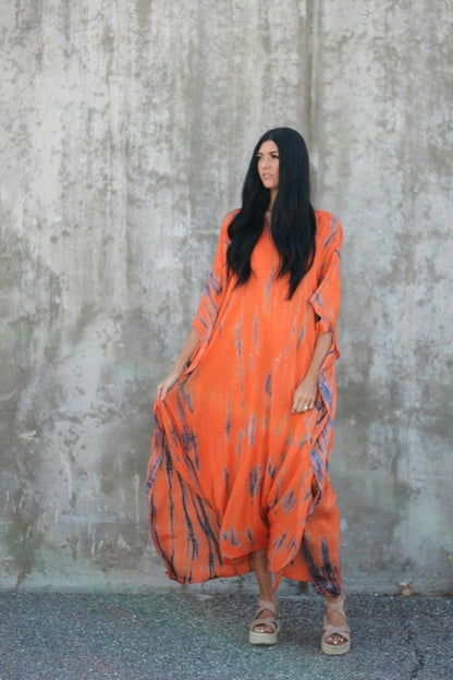 Hand Dyed Orange Tie Dye Maxi Kaftan Dress with Pockets