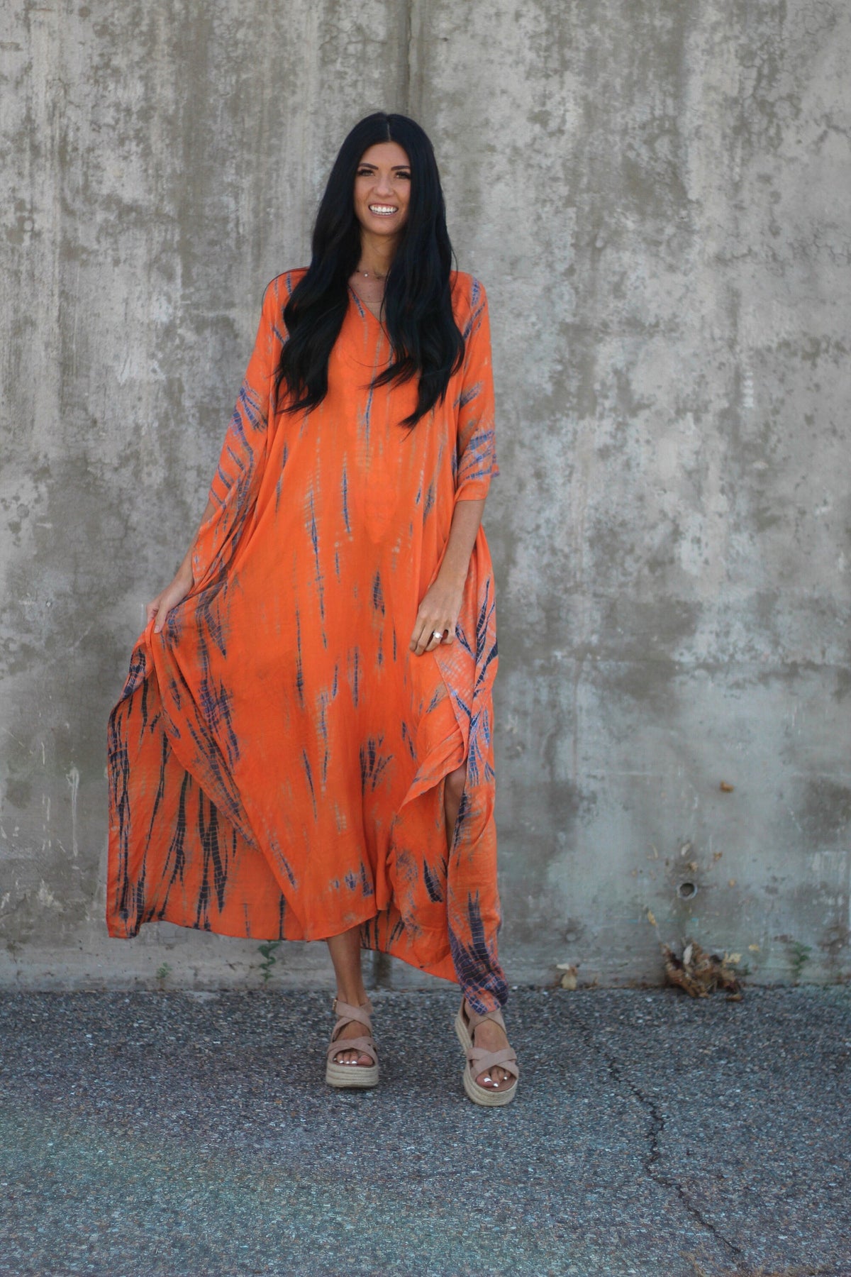 Hand Dyed Orange Tie Dye Maxi Kaftan Dress with Pockets