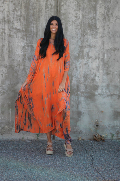 Hand Dyed Orange Tie Dye Maxi Kaftan Dress with Pockets
