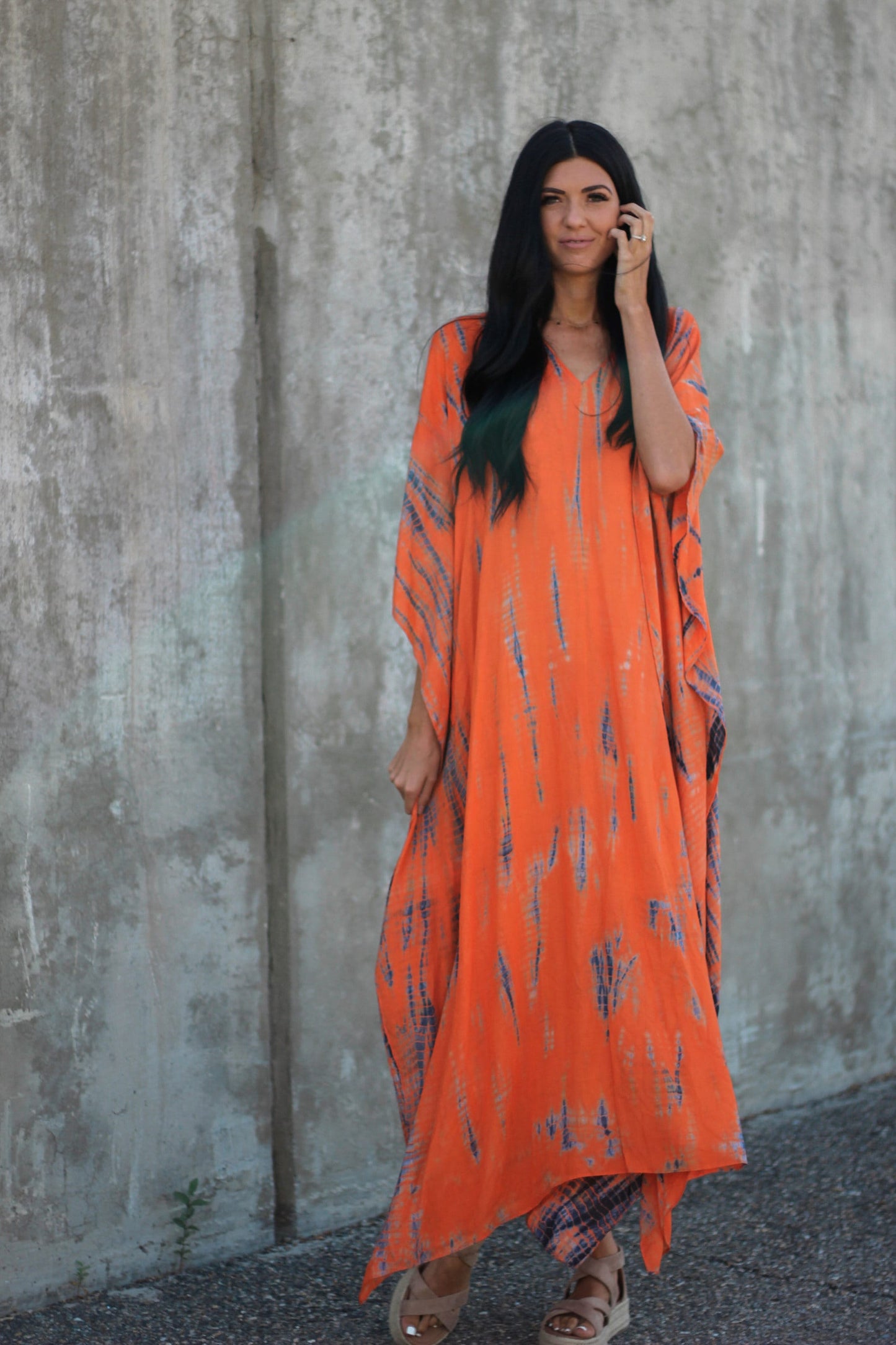 Hand Dyed Orange Tie Dye Maxi Kaftan Dress with Pockets