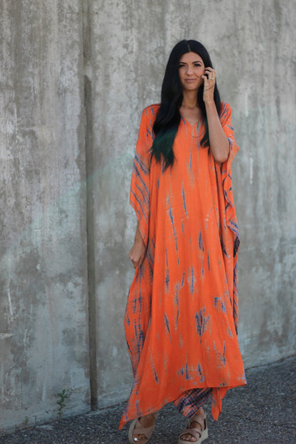 Hand Dyed Orange Tie Dye Maxi Kaftan Dress with Pockets