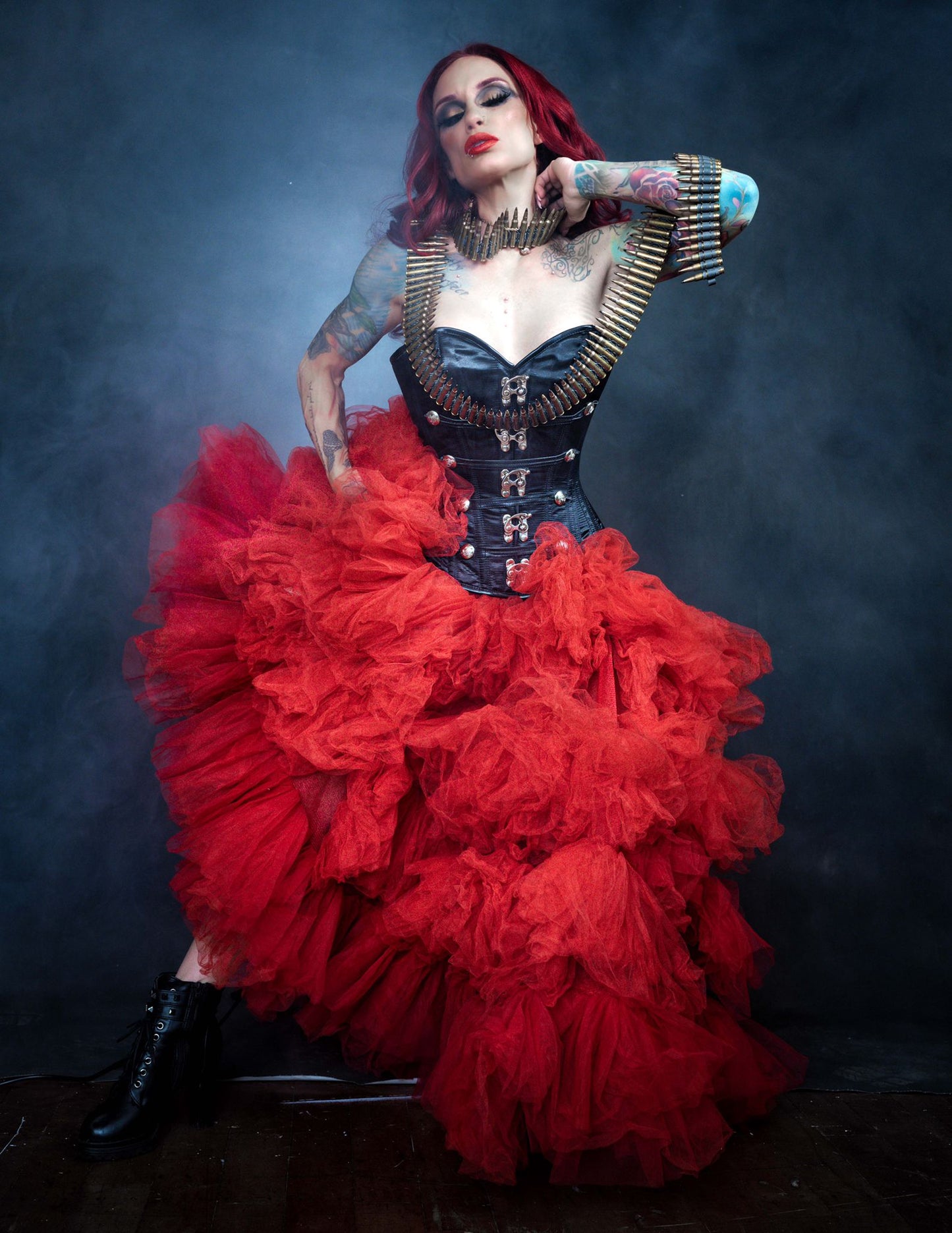 Nelle Ombre Red Ruffled Tulle Skirt Elegant Party Style