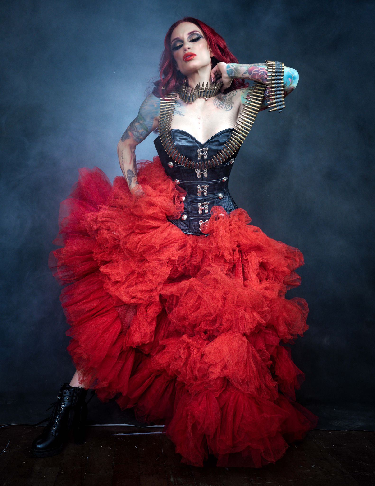 Nelle Ombre Red Ruffled Tulle Skirt Elegant Party Style