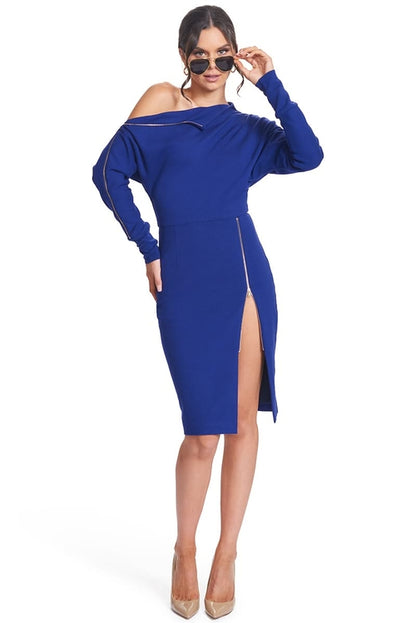 Josefa Convertible Midi Indigo Violet Dress with Gold Zipper