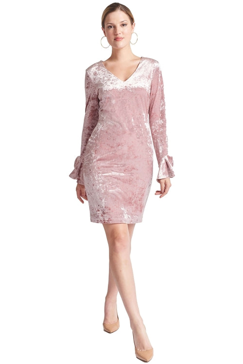 Pink Velvet V Neck Long Sleeve Dress Women Party Wear