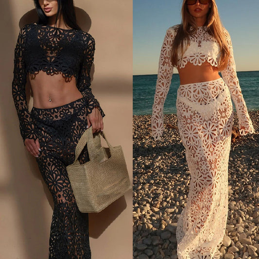 Lace Cutout Top & Skirt Set