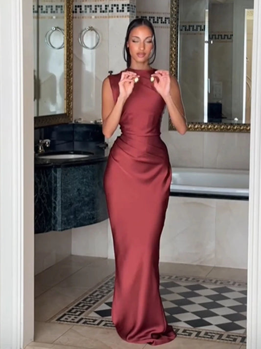 Ruched Satin Cowl-Neck Mermaid Gown