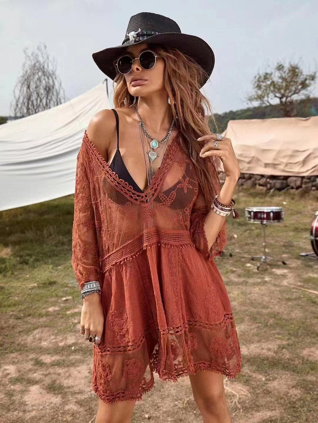 Sheer Lace Beach Cover-Up Blouse