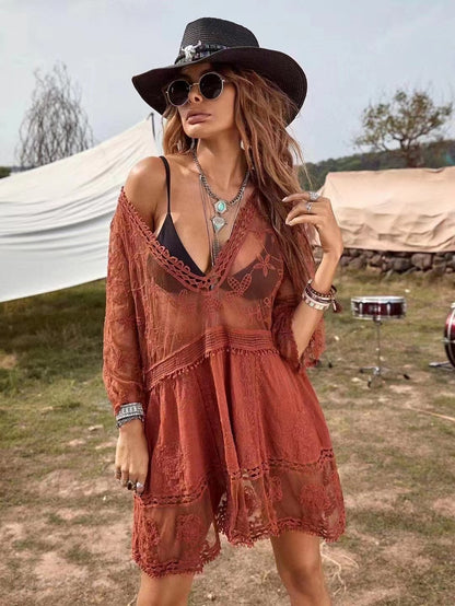 Sheer Lace Beach Cover-Up Blouse