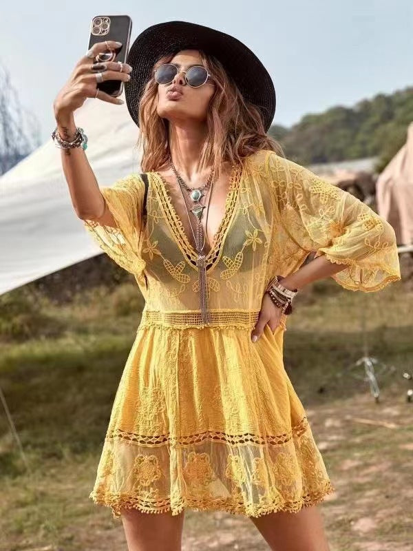 Sheer Lace Beach Cover-Up Blouse