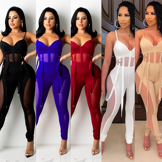 Sheer Lace-Up Suspender Jumpsuit