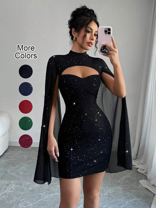 Stand Collar Sequin Cape Mini Dress