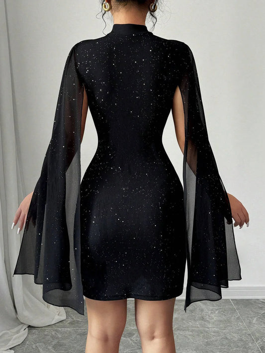 Stand Collar Sequin Cape Mini Dress