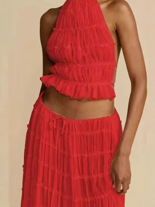 Two-Piece Chiffon Halter Maxi Set