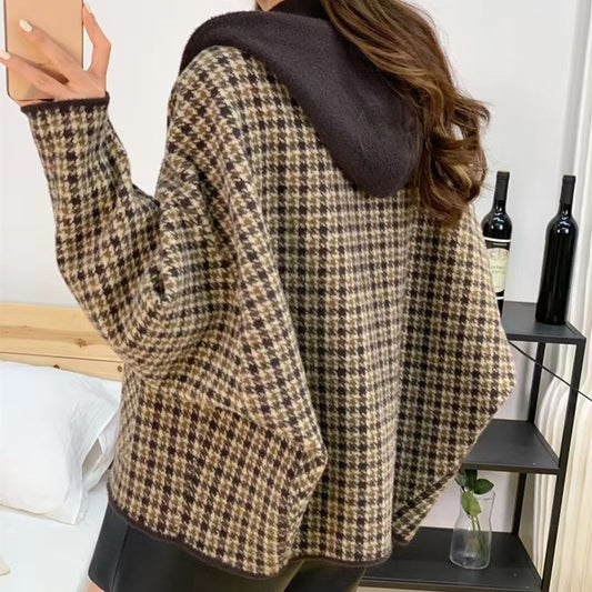 Vintage Plaid Hooded Sweater Jacket