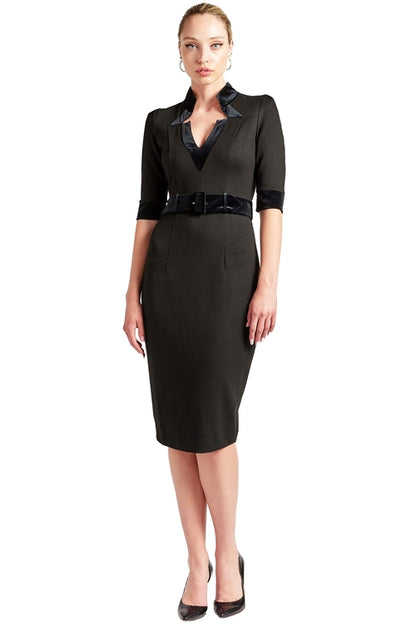 Women's Notch Neck Sheath Office Dress with Velvet Belt