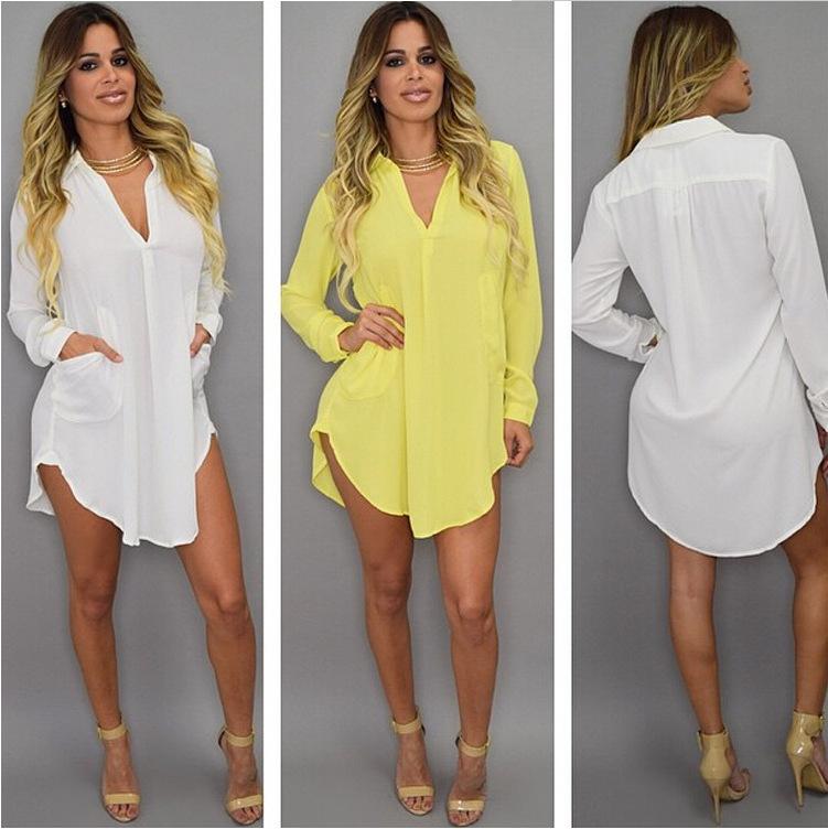 Women's White Chiffon V Neck Beach Mini Shirt Dress