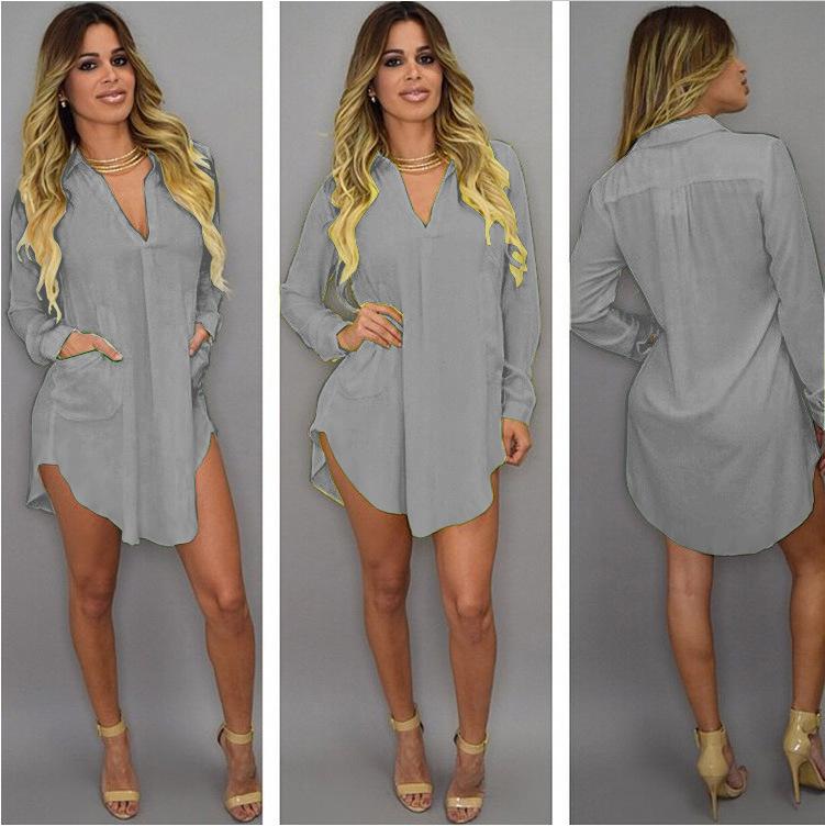 Women's White Chiffon V Neck Beach Mini Shirt Dress