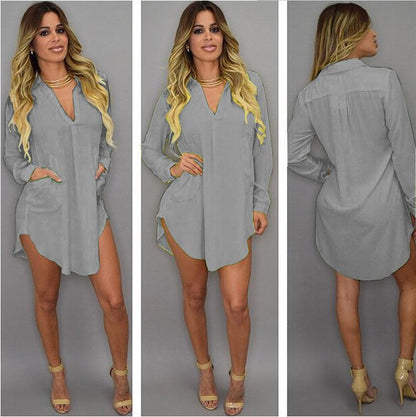 Women's White Chiffon V Neck Beach Mini Shirt Dress