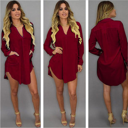 Women's White Chiffon V Neck Beach Mini Shirt Dress