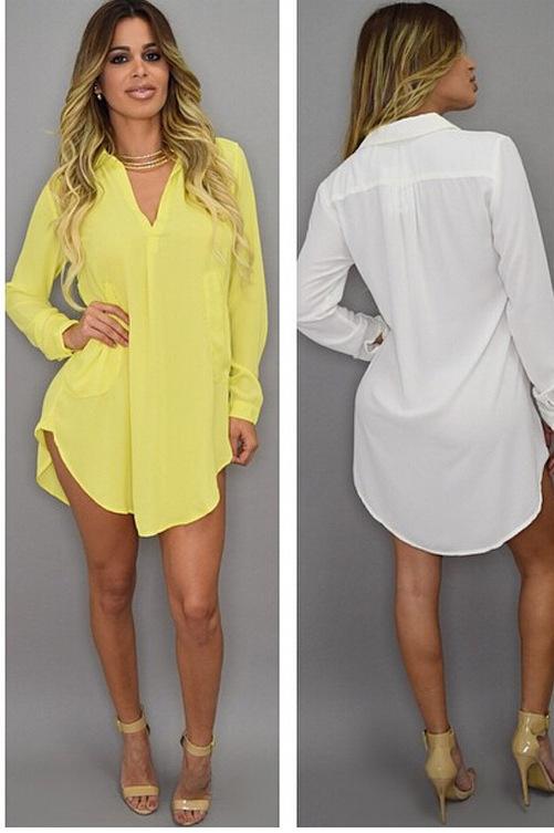 Women's White Chiffon V Neck Beach Mini Shirt Dress
