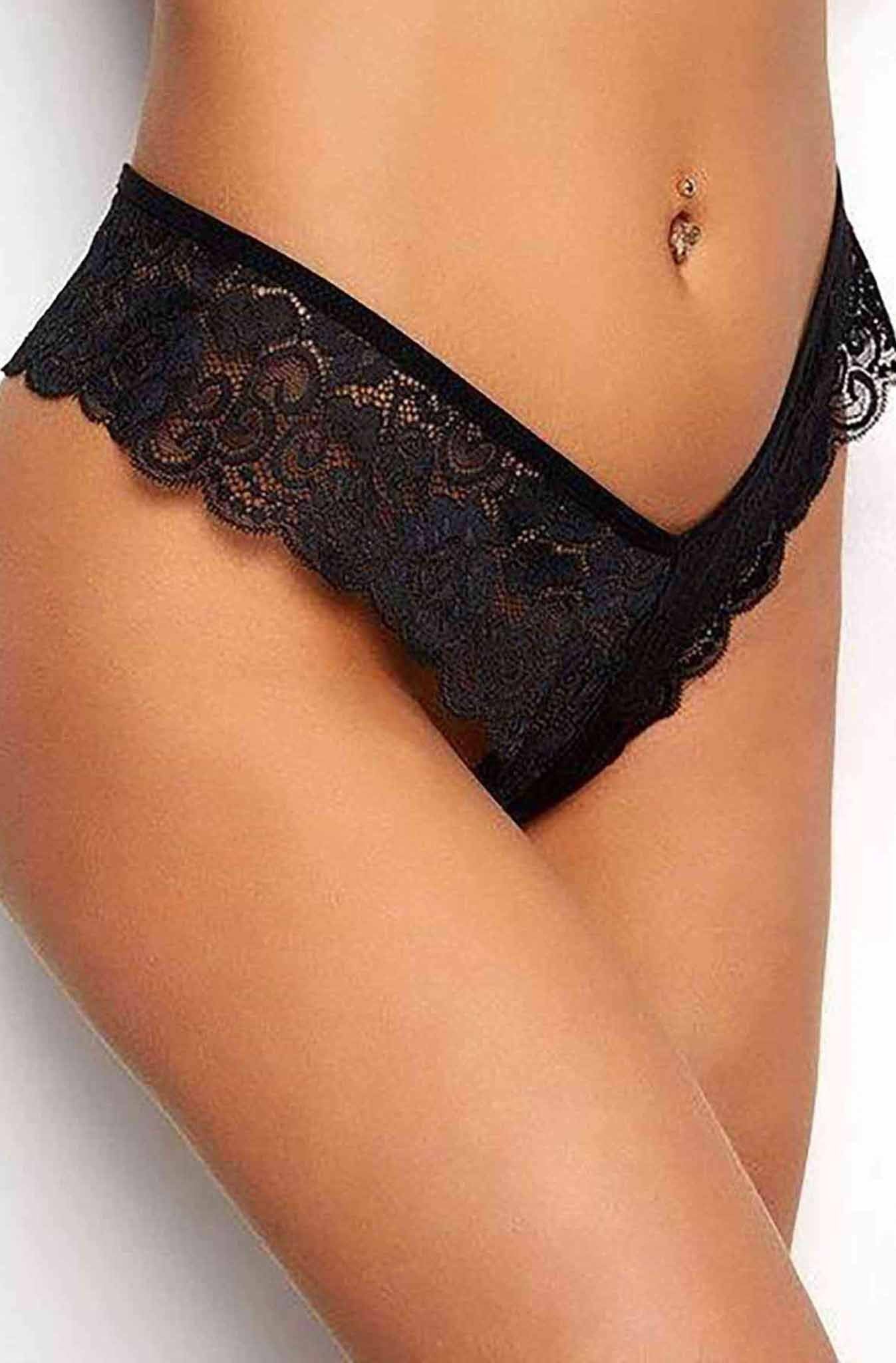 Black Trim Lace V-Back Thong Panties for Women Underwear